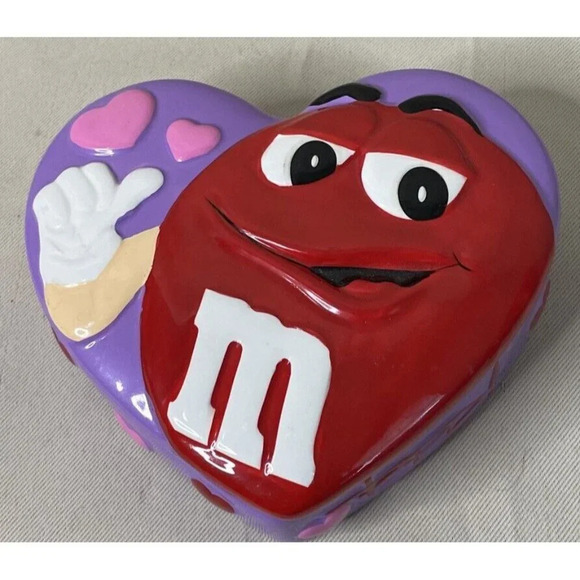 M&M Ceramic Heart Shaped Candy Dish Red Purple Trinket Box Valentine's Day - Picture 2 of 9